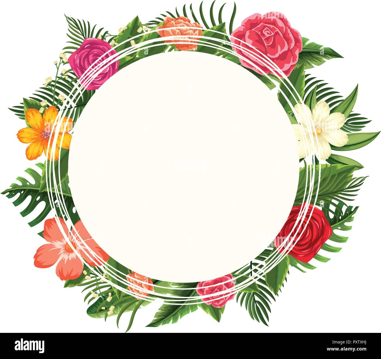 Round frame with different types of flowers illustration Stock ...