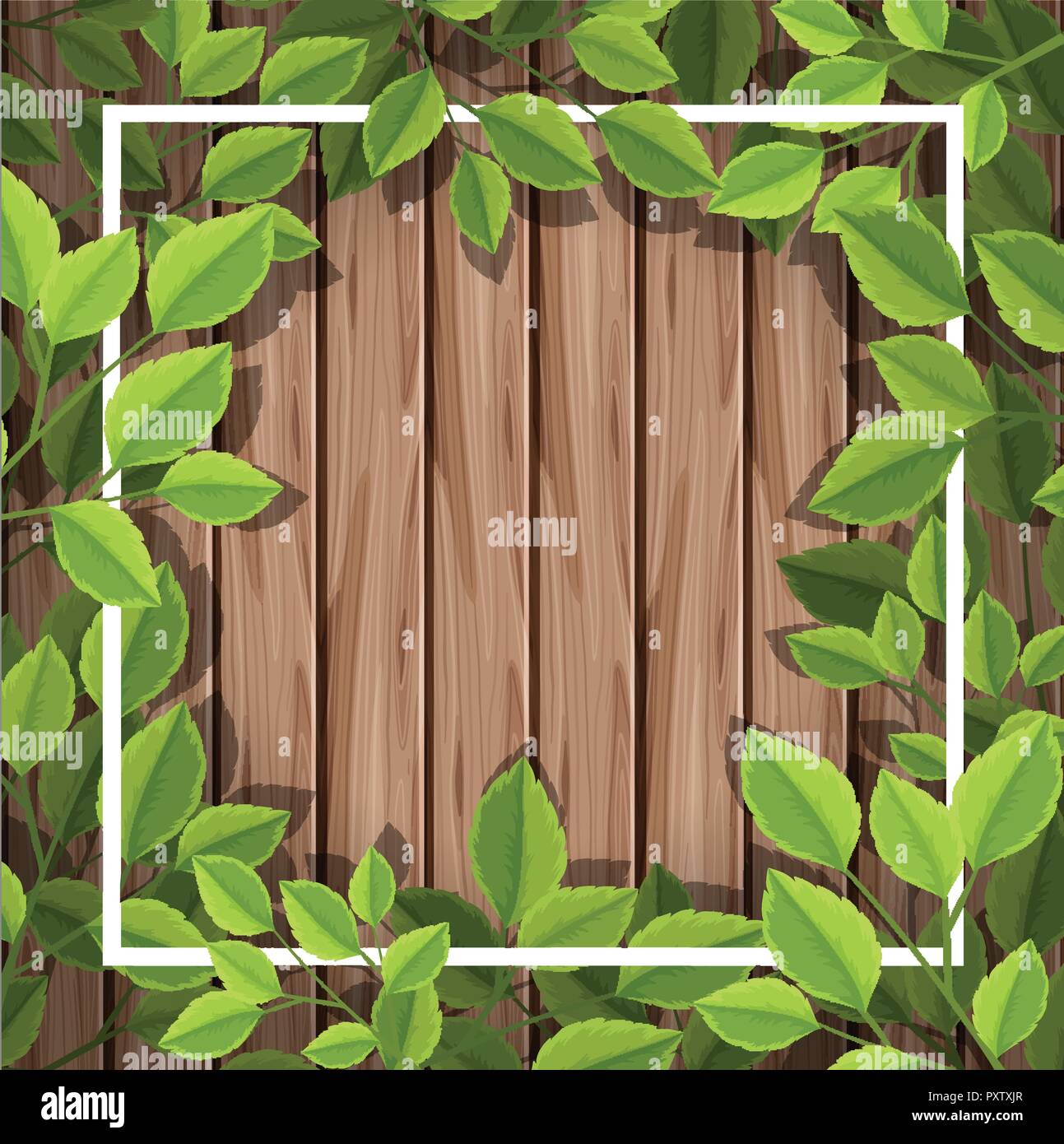 Border template with green leaves on wooden board illustration Stock ...