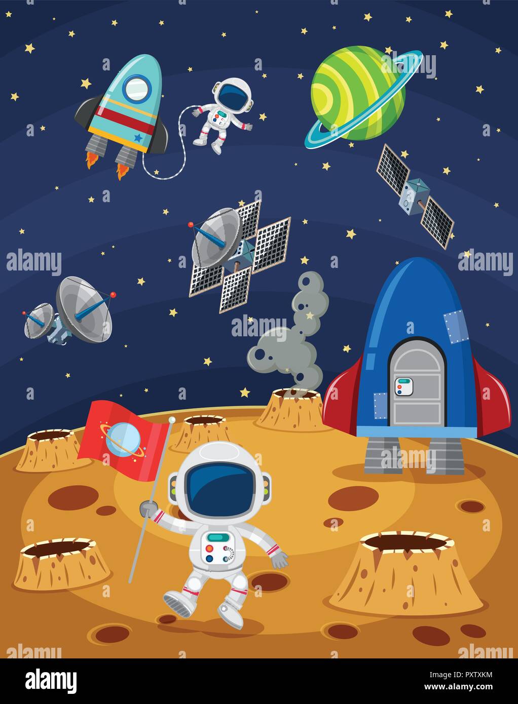 Space scene with astronauts and spaceships illustration Stock Vector ...