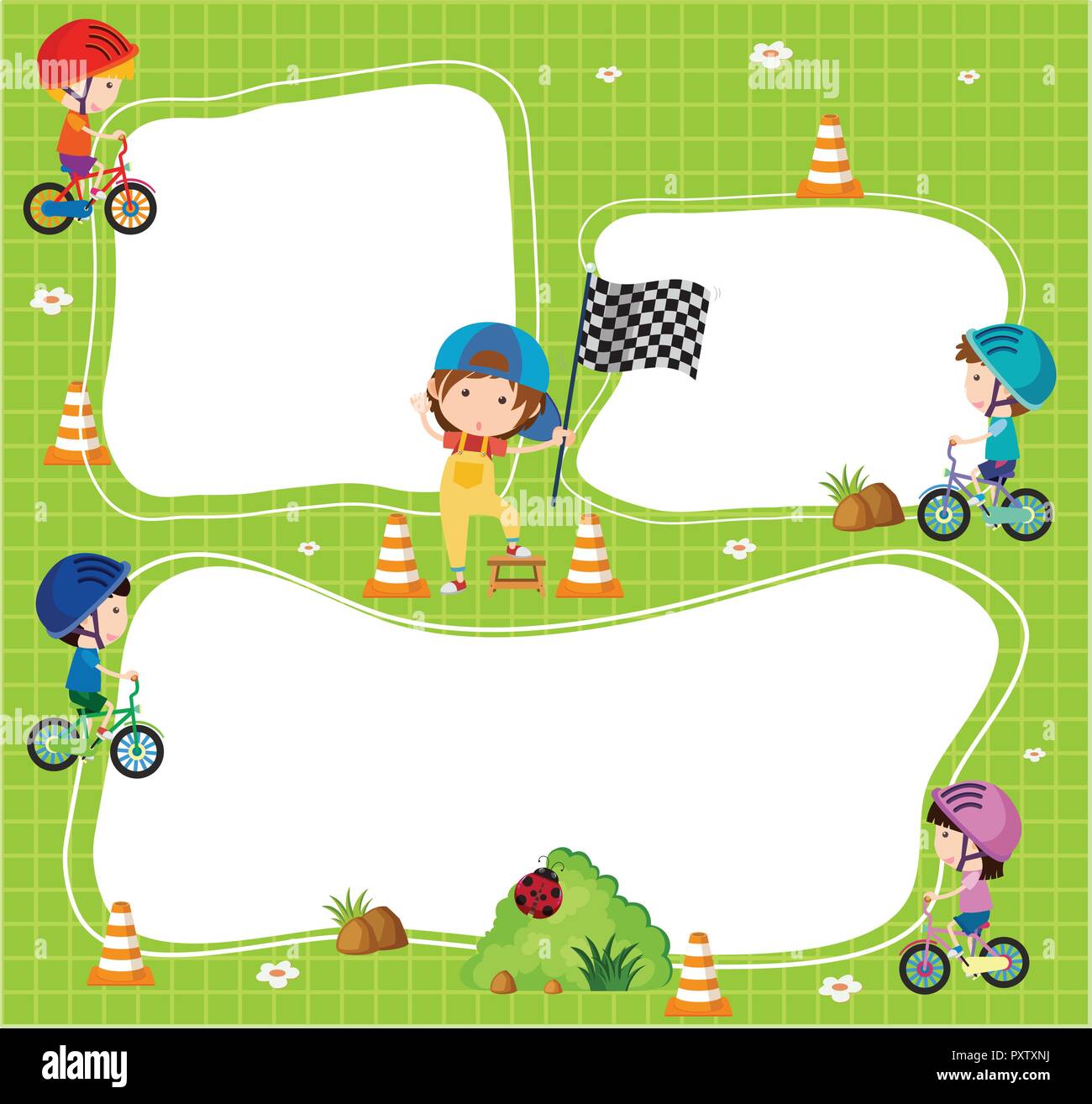 Border template with kids riding bicycle illustration Stock Vector