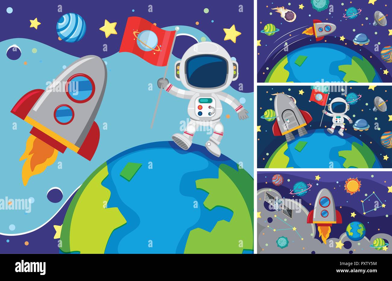 Three scenes with astronauts in space illustration Stock Vector Image ...