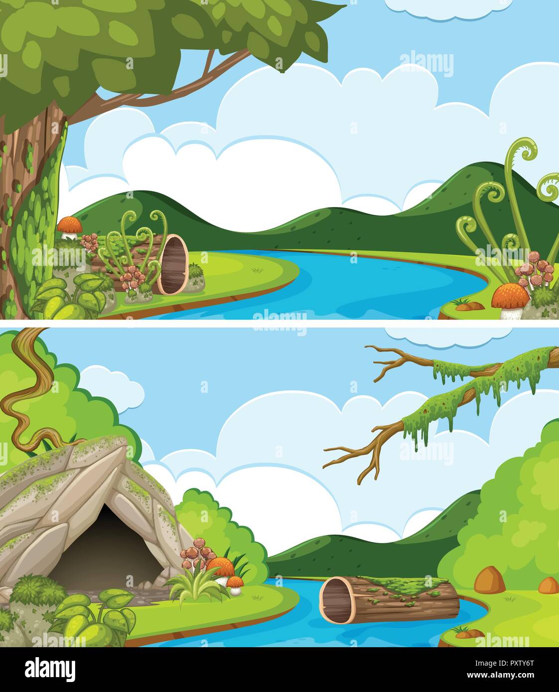 Two river scenes with mountains in background illustration Stock Vector