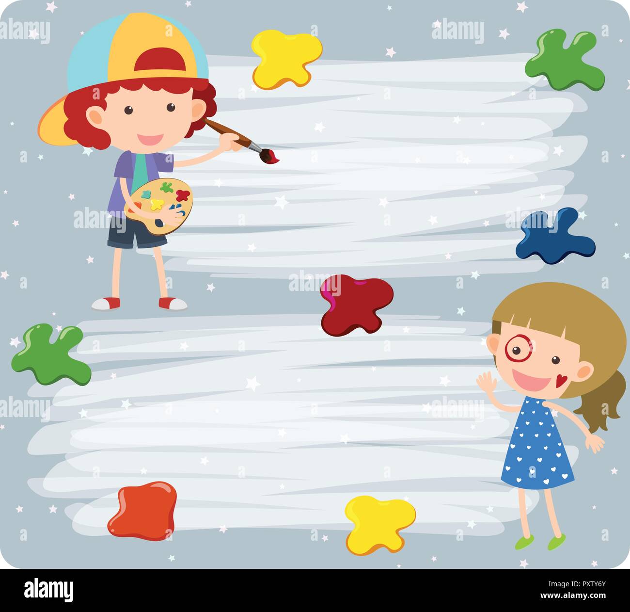 Border template with girl and boy painting illustration Stock Vector ...