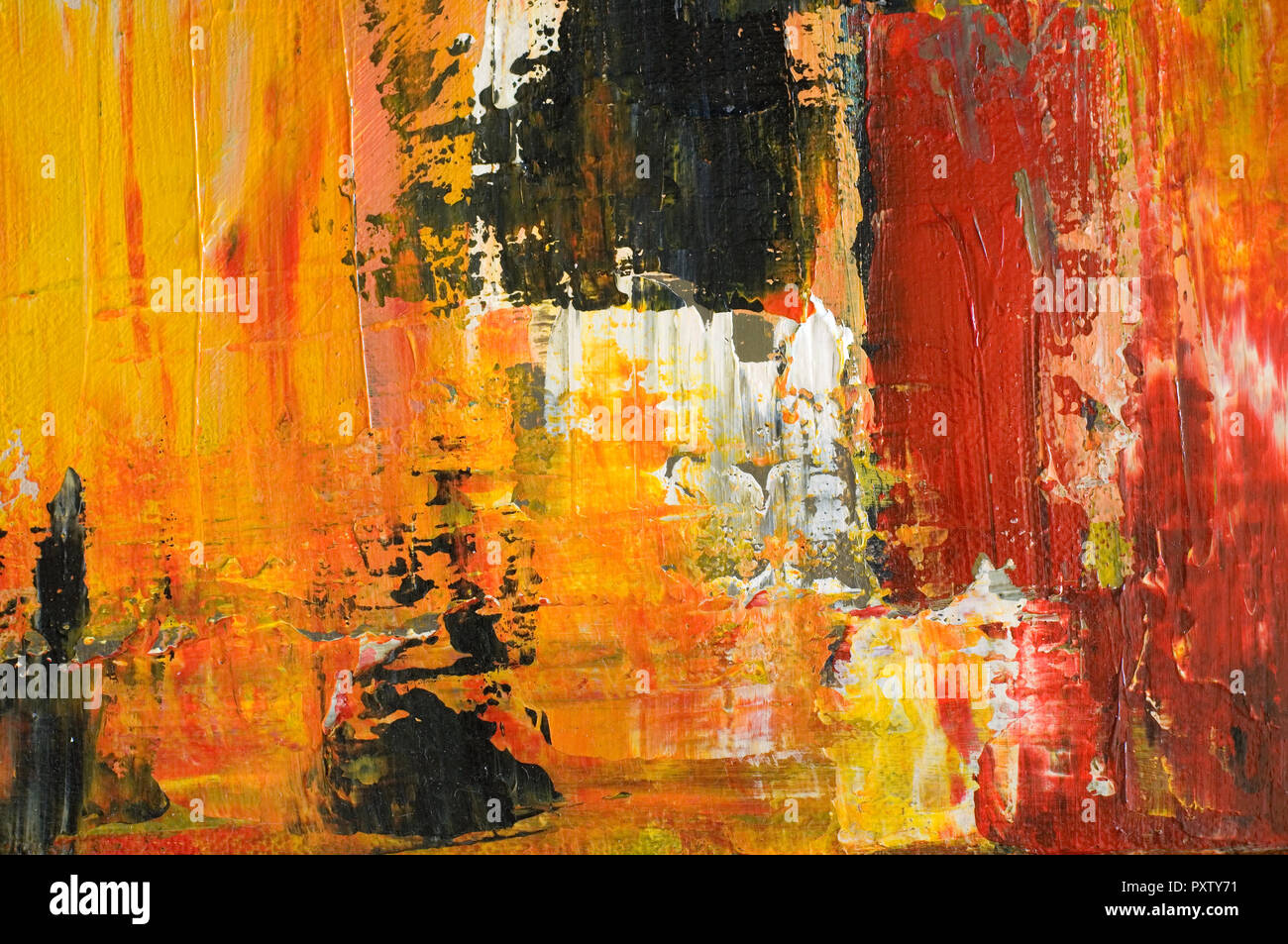 Close-up of Abstract Acrylic Painting in Red, black and Yellow Stock Photo