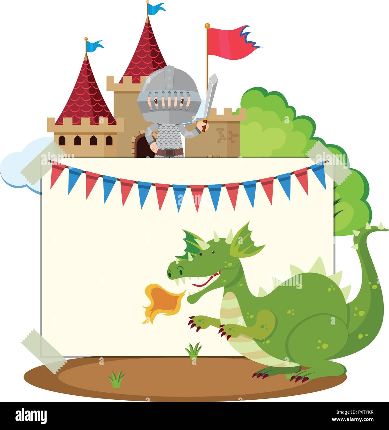 Border template with dragon and knight illustration Stock Vector Image