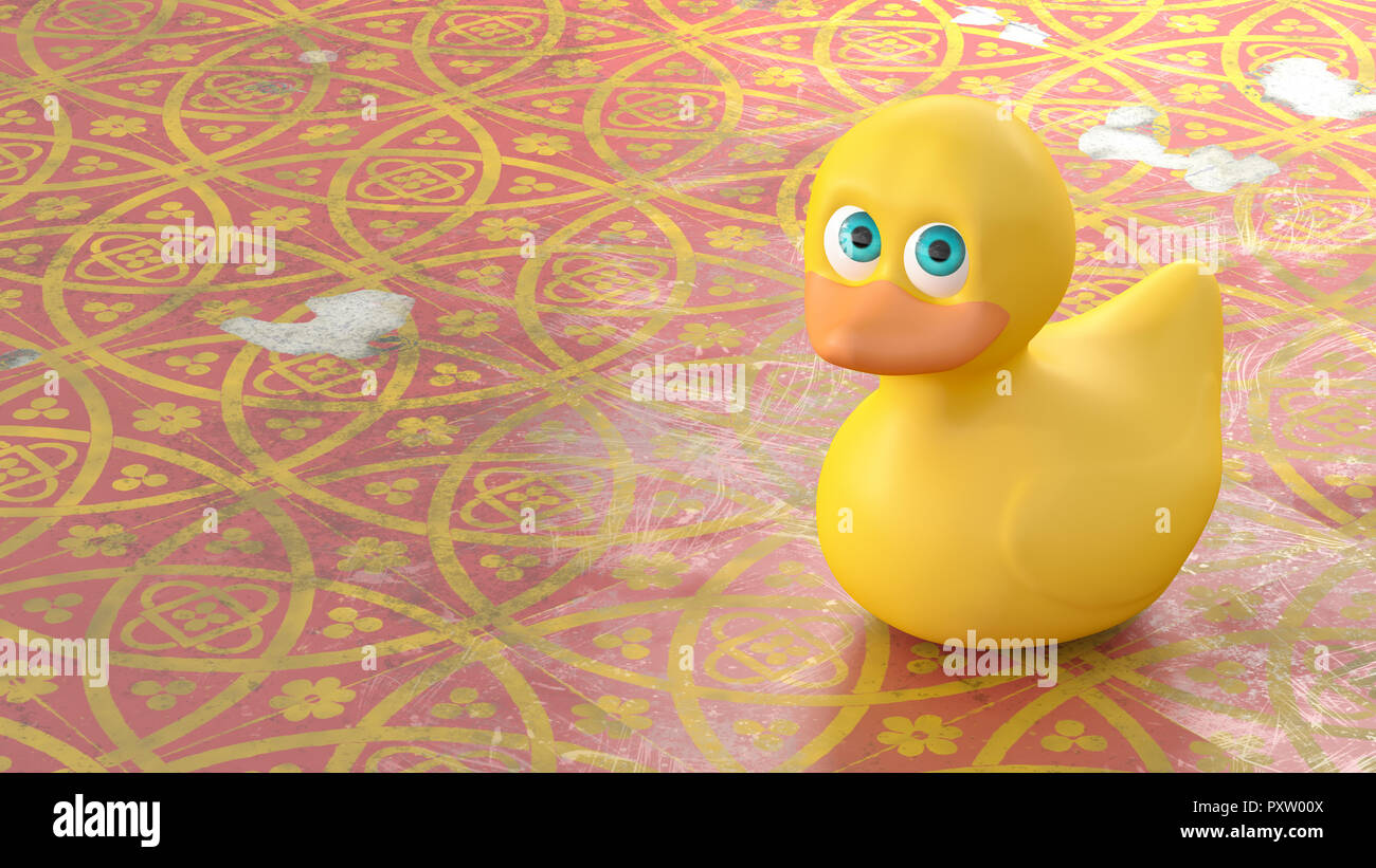 3D rendering, Lonely rubber duck on tiled floor Stock Photo