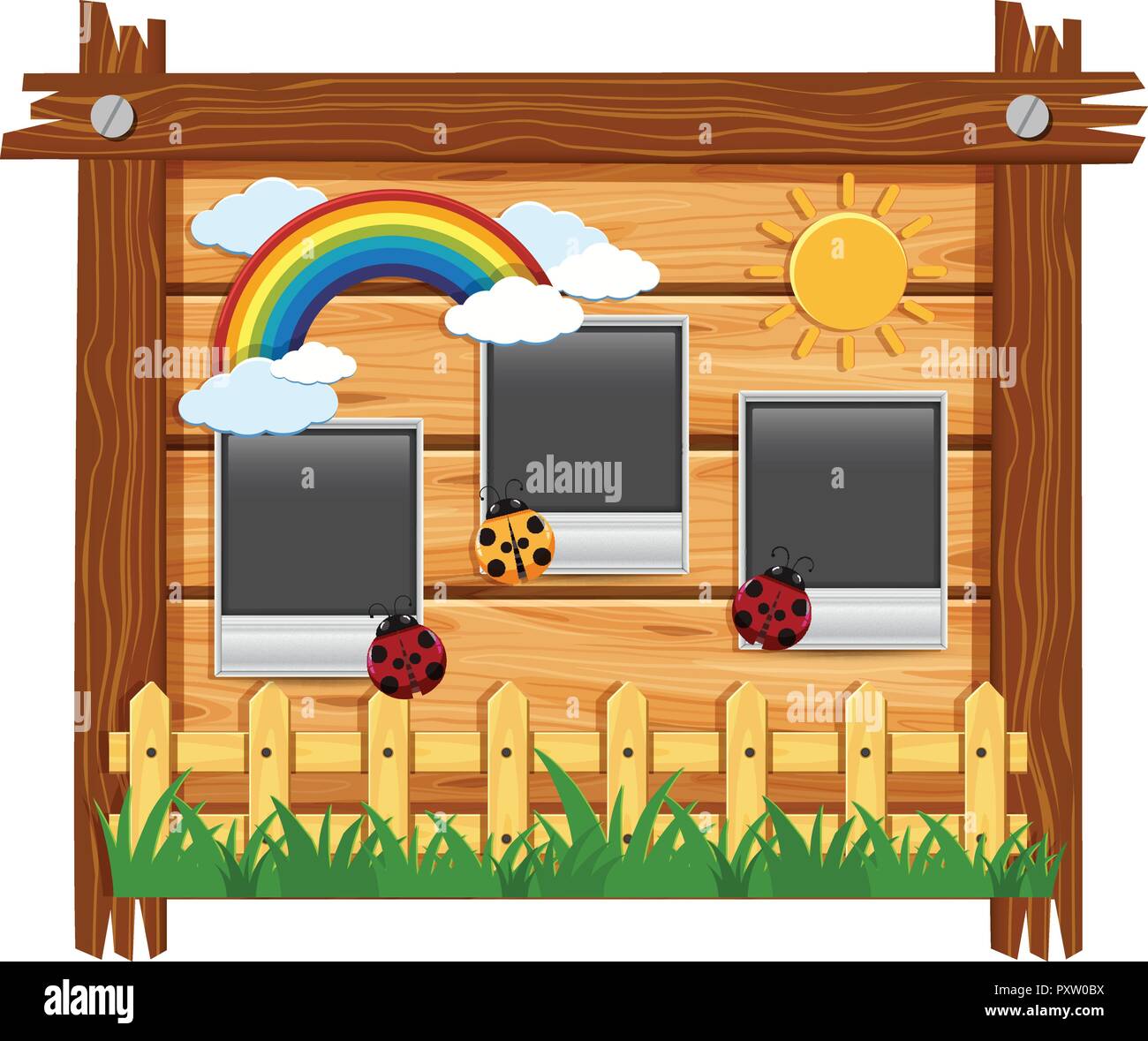 Three photo frames with ladybugs in garden illustration Stock Vector ...