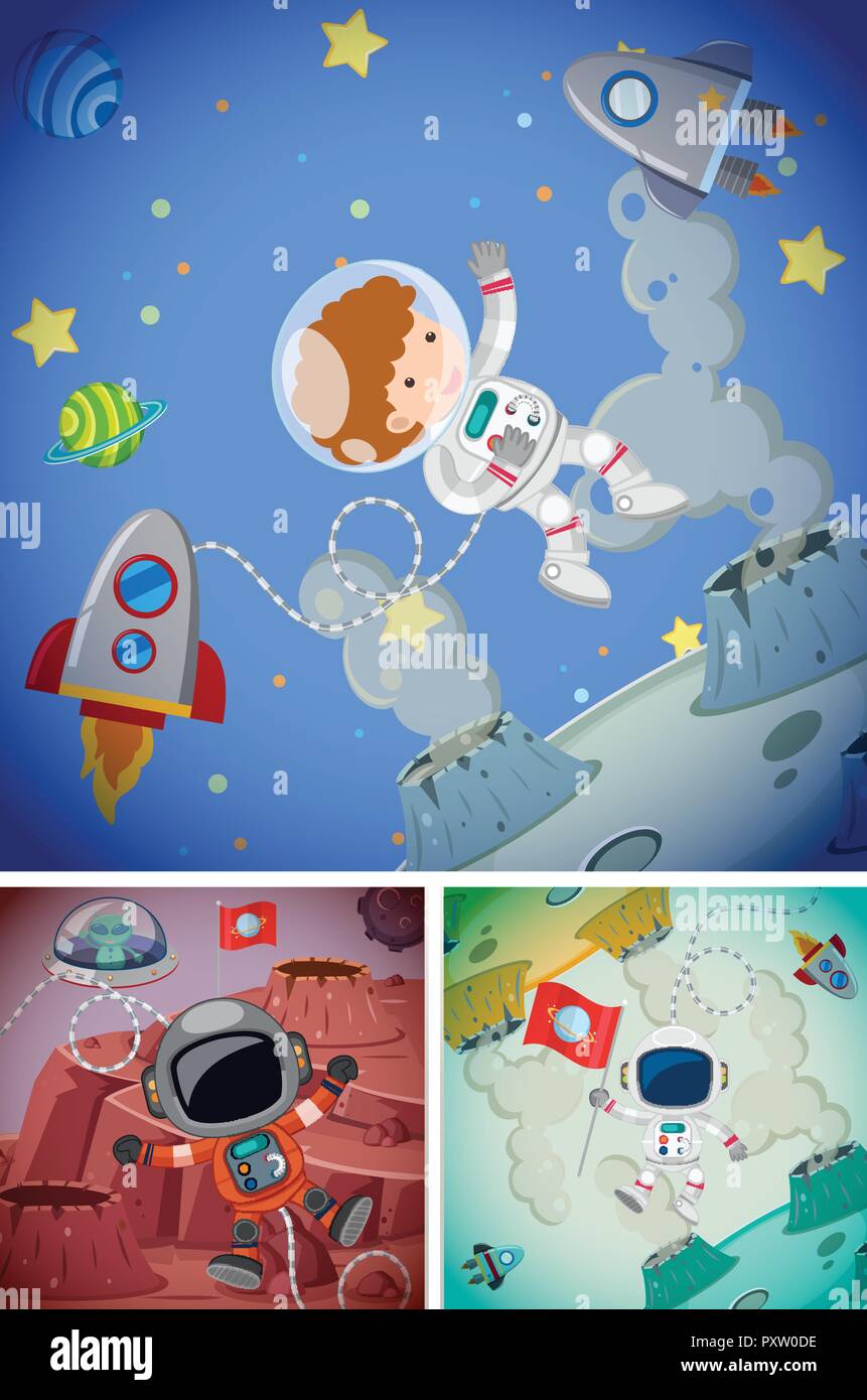 Space scenes with astronauts and spaceships illustration Stock Vector ...