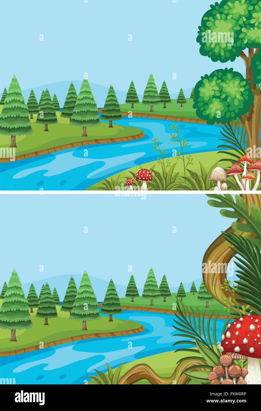 Two scenes with pine trees along the river illustration Stock Vector ...