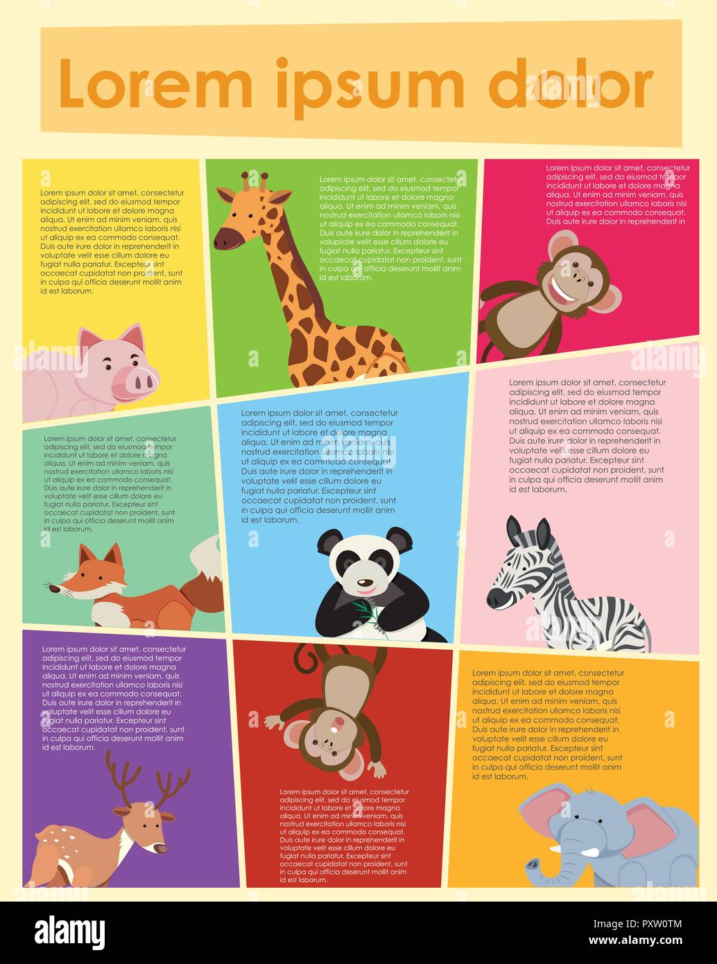 Wild animals on different background colors illustration Stock Vector