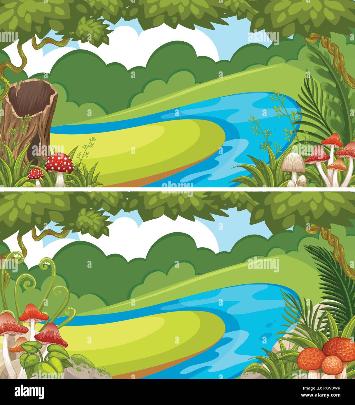 Two scenes with river in the forest illustration Stock Vector