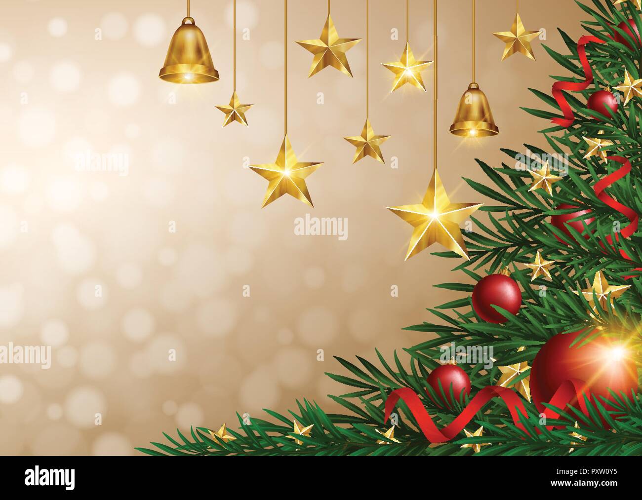 Christmas background with golden stars and bells illustration Stock ...