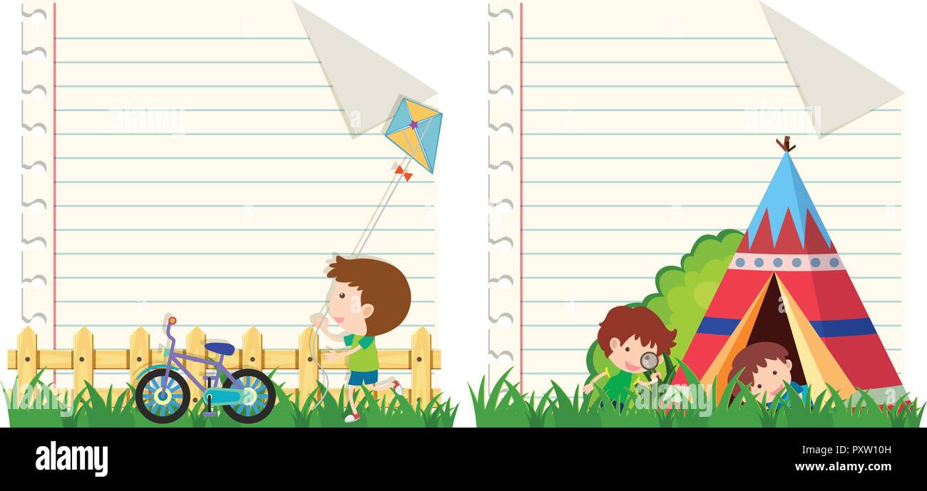 Line paper template with kids in the park illustration Stock Vector