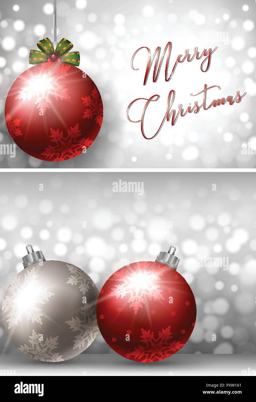 Two christmas card templates with silver and red ball illustration ...