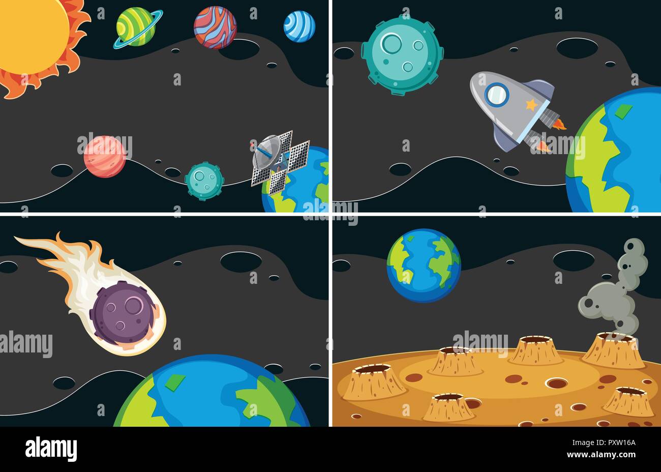 Four background scenes with planets in space illustration Stock Vector