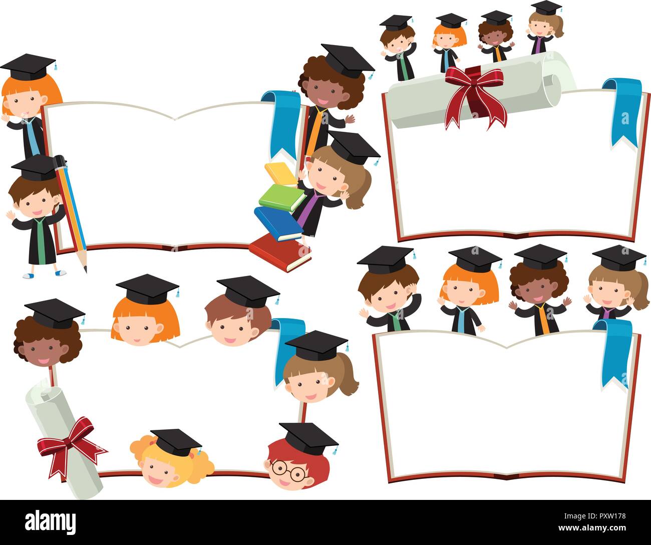 Four blank books with kids in graduation outfits illustration Stock ...