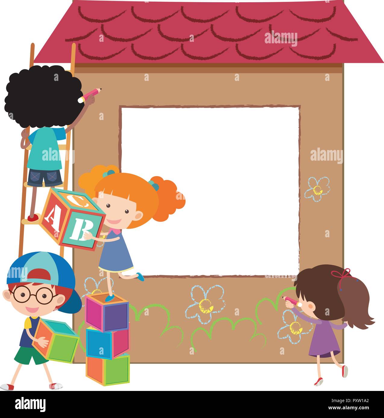 Funhouse Borders Border template with kids and playhouse illustration Stock Vector Image ...