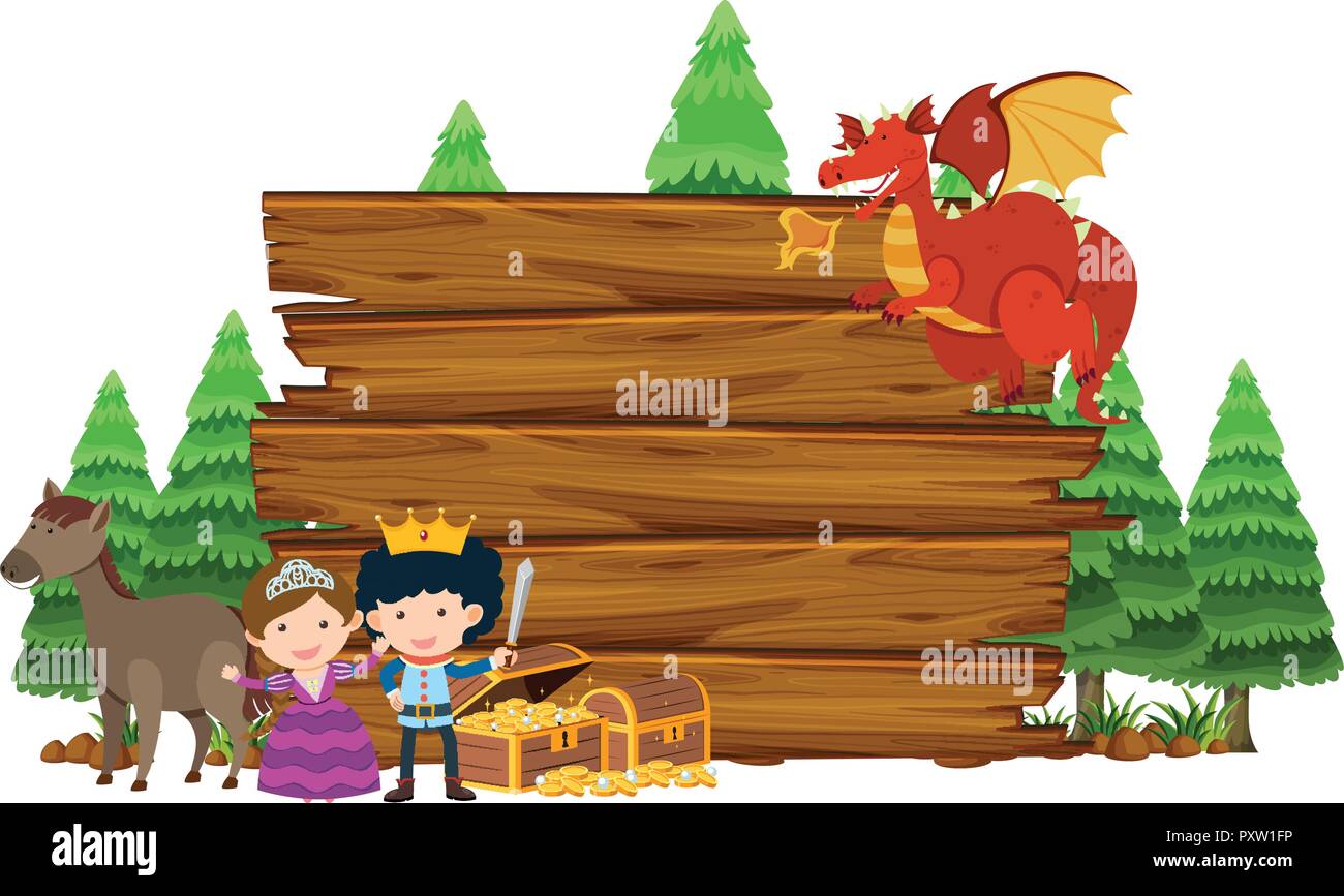 Wooden sign with dragon and princess illustration Stock Vector