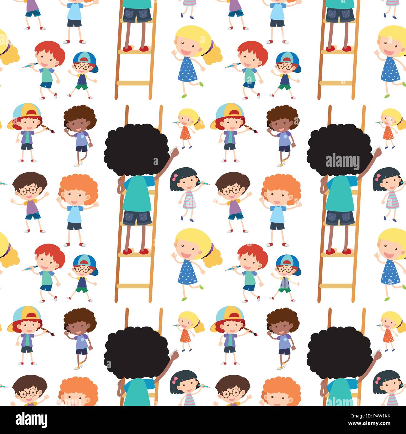 Seamless background template with happy children writing illustration
