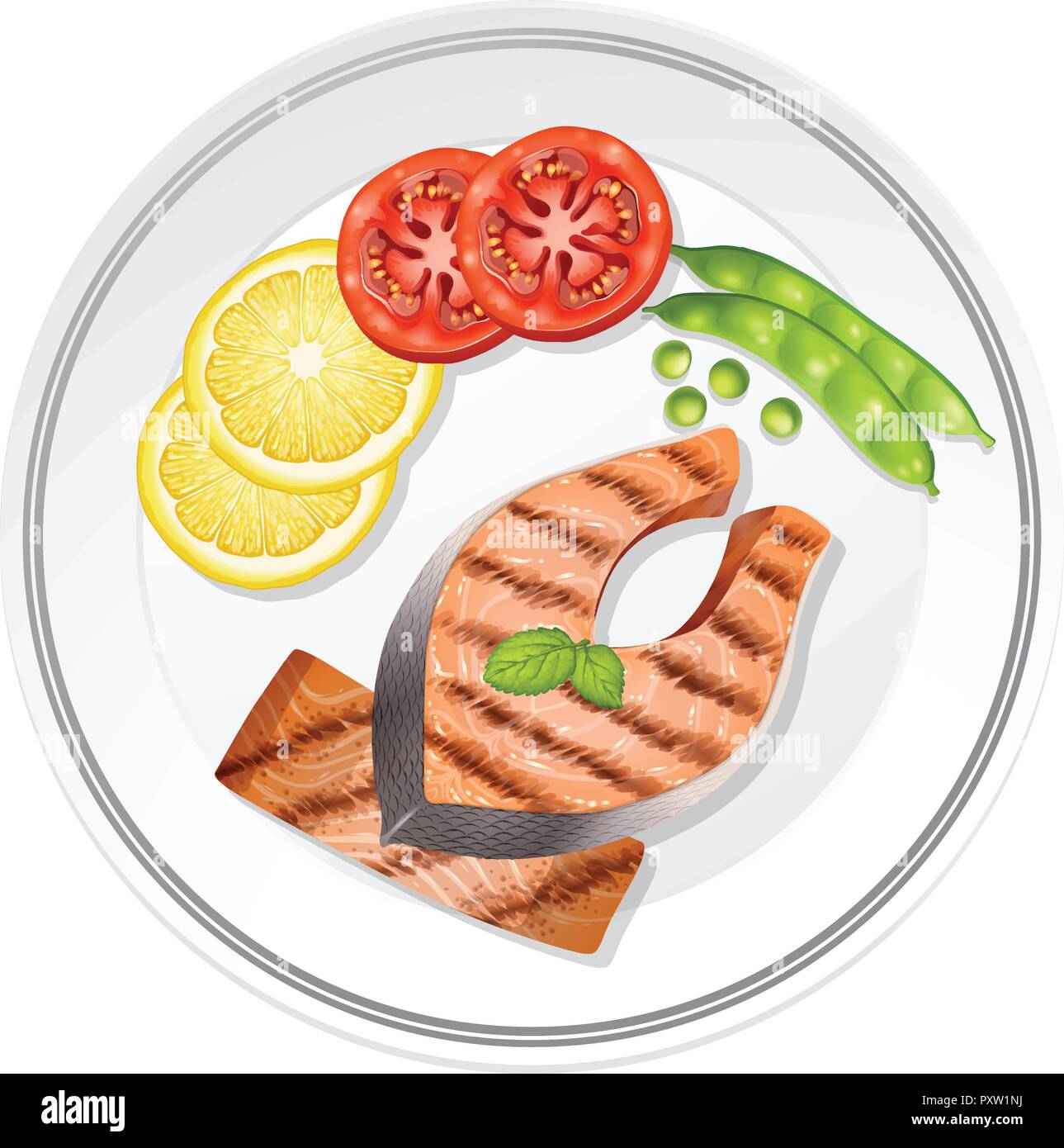 Salmon steak and vegetables on the plate illustration Stock Vector ...