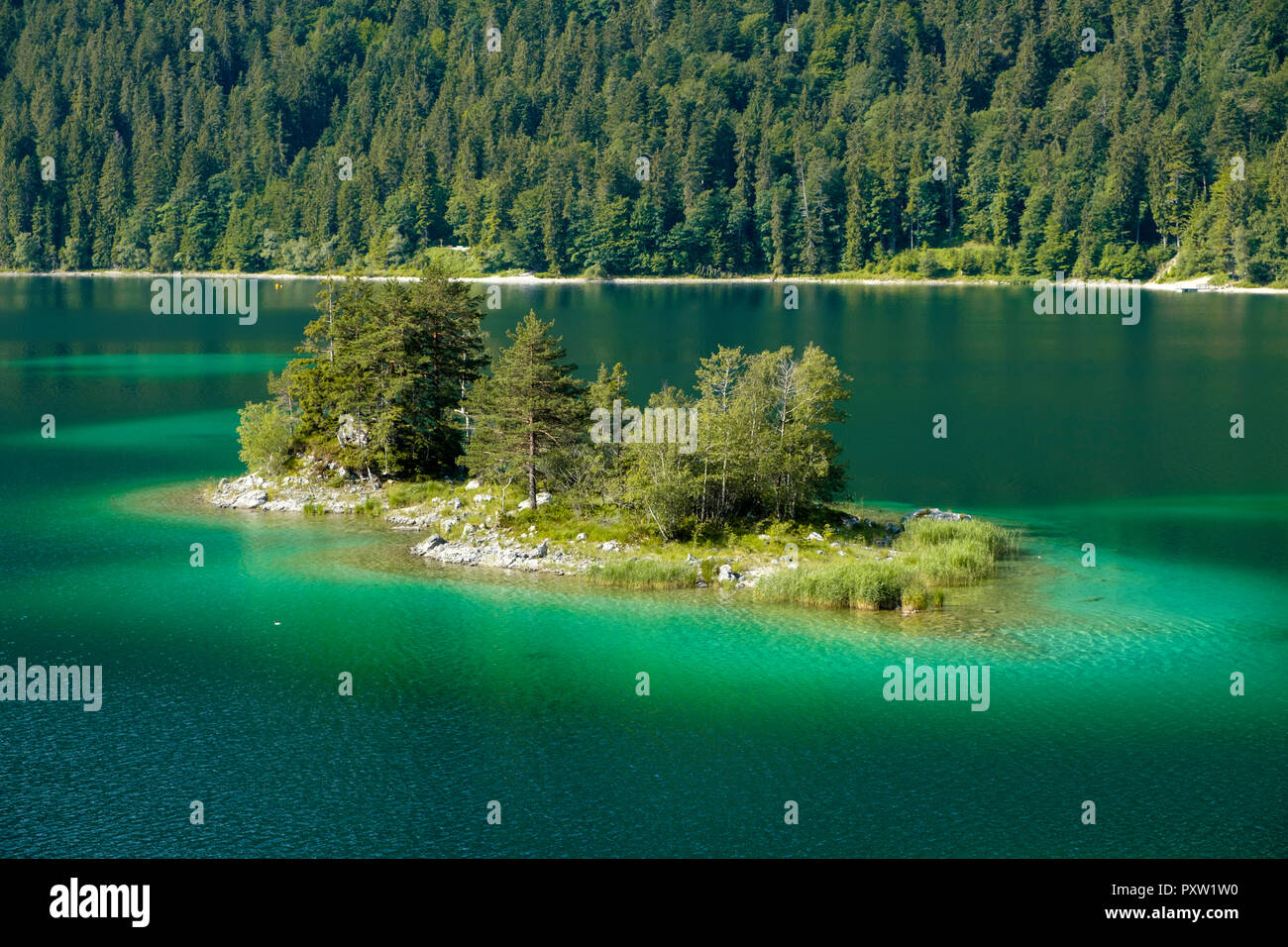 Germany, Upper Bavaria, view to Ludwigsinsel at Lake Eibsee Stock Photo ...