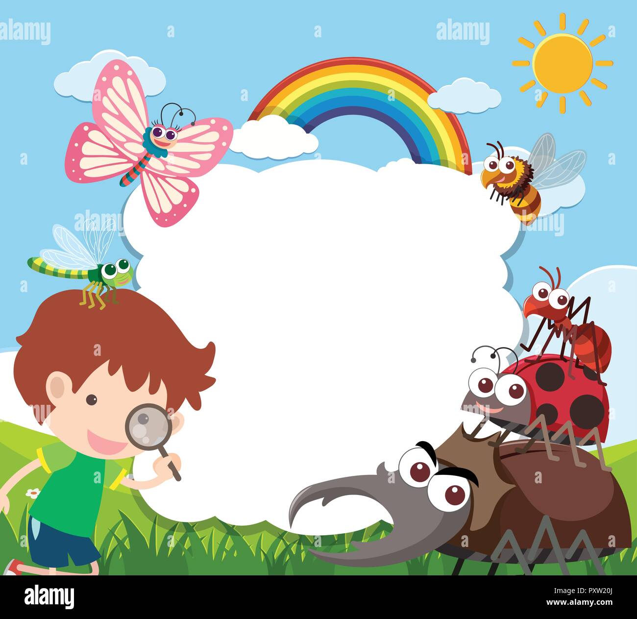 Border template with boy and many insects illustration Stock Vector ...