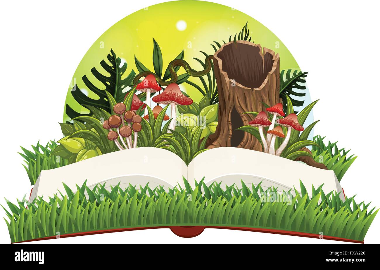 Book with mushrooms in the garden illustration Stock Vector