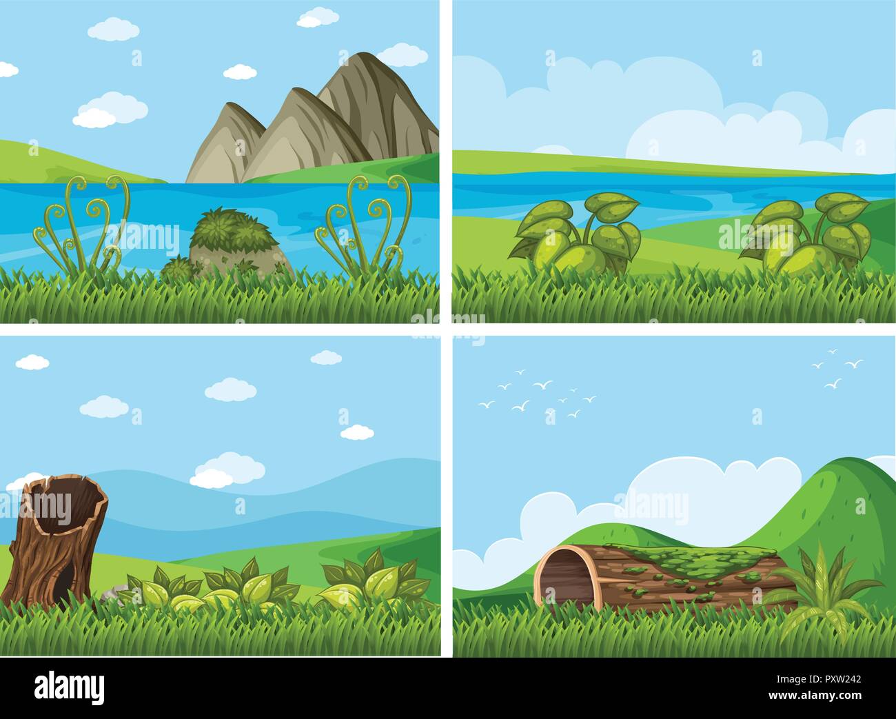 Four background scenes with rivers and field illustration Stock Vector ...