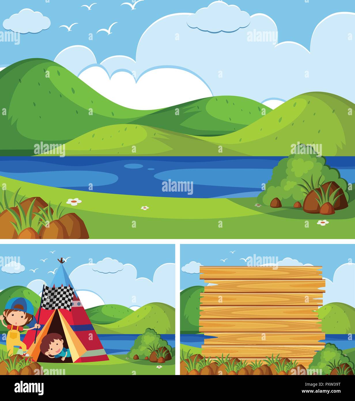 Three nature scenes with kids camping illustration Stock Vector