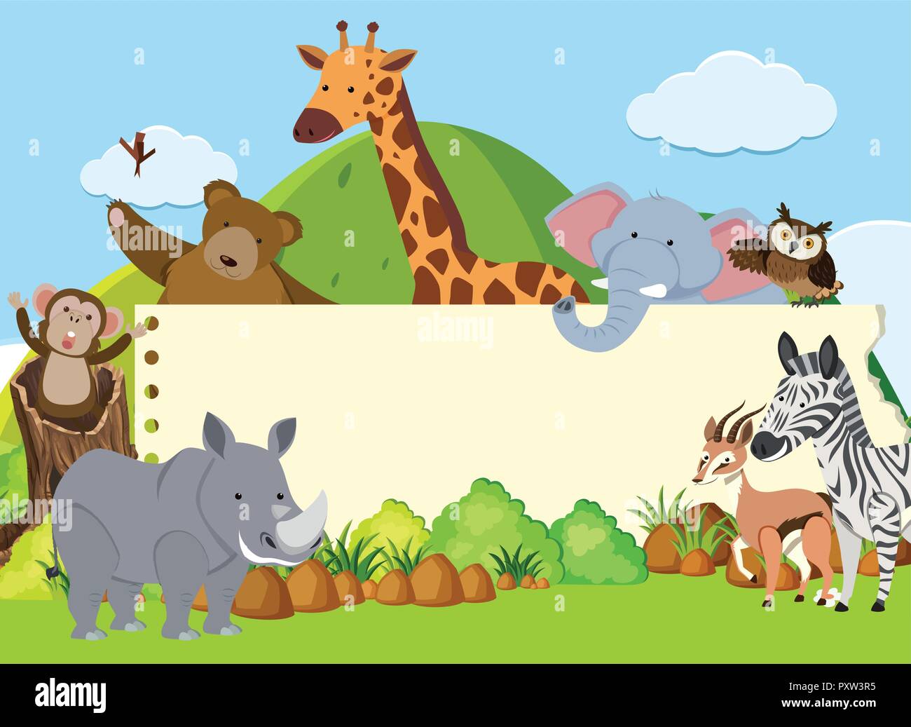 Border template with wild animals in the field illustration Stock