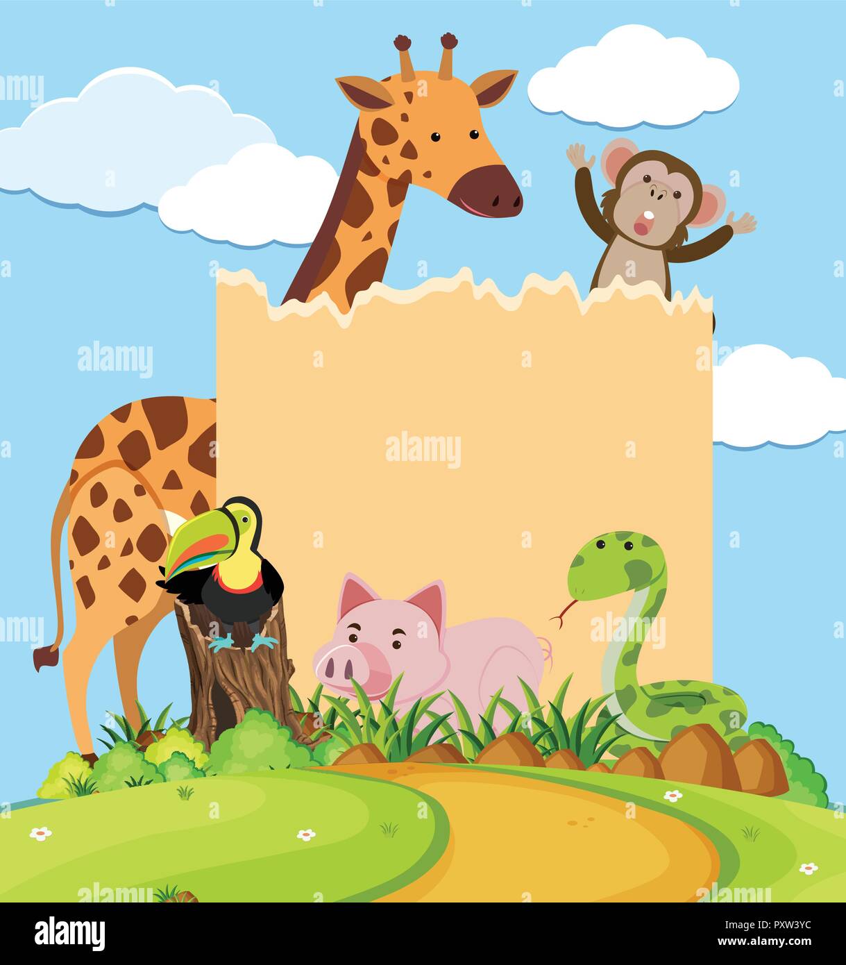 Border template with cute animals in park illustration Stock Vector ...