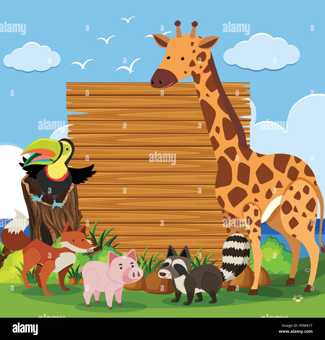 Wooden board template with wild animals in garden illustration Stock ...