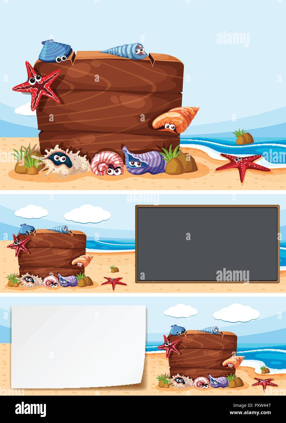 Three boards on the beach illustration Stock Vector Image & Art - Alamy