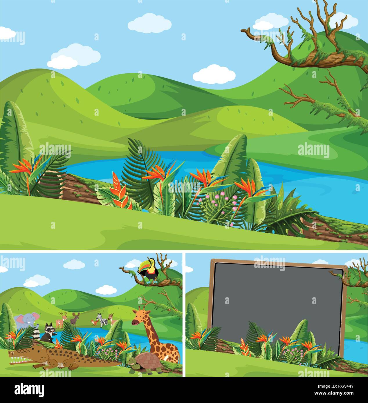 Mountain scenes with many animals illustration Stock Vector