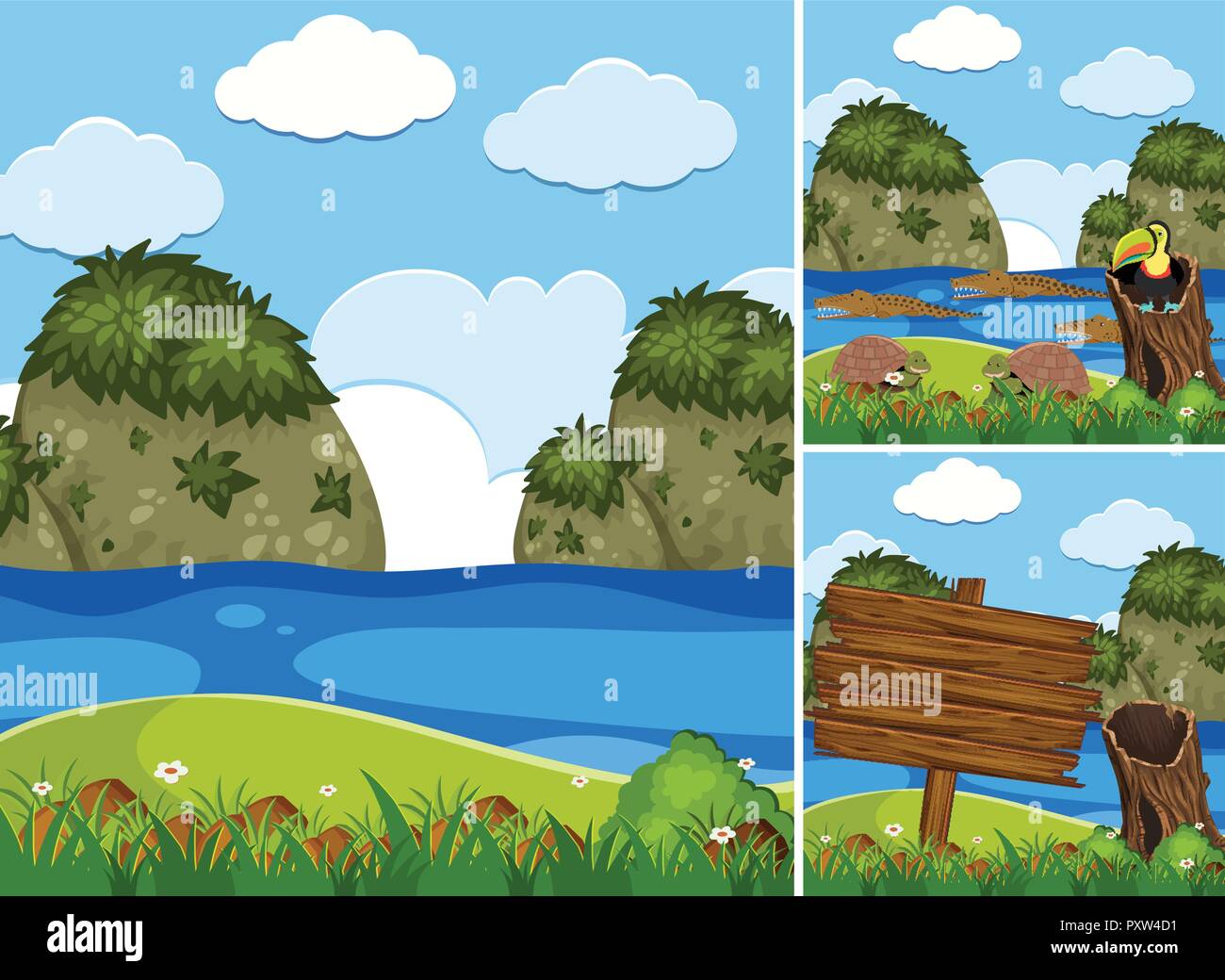 Three nature scenes with crocodiles in river illustration Stock Vector ...