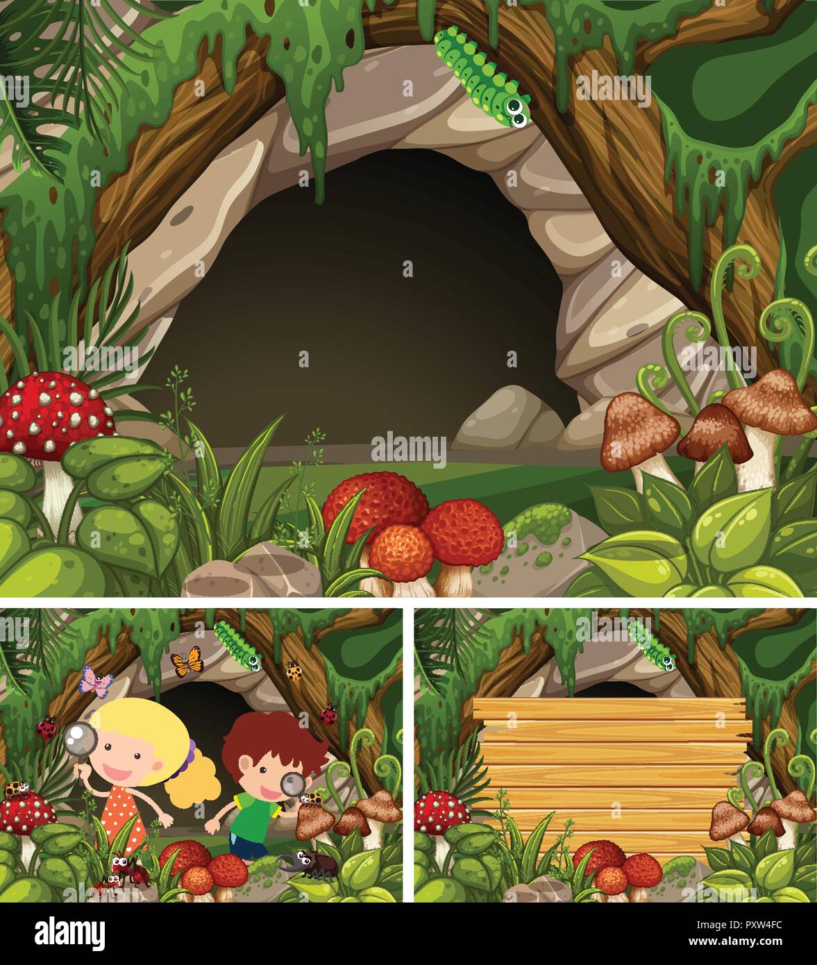 Kids looking at insects by the cave illustration Stock Vector Image ...