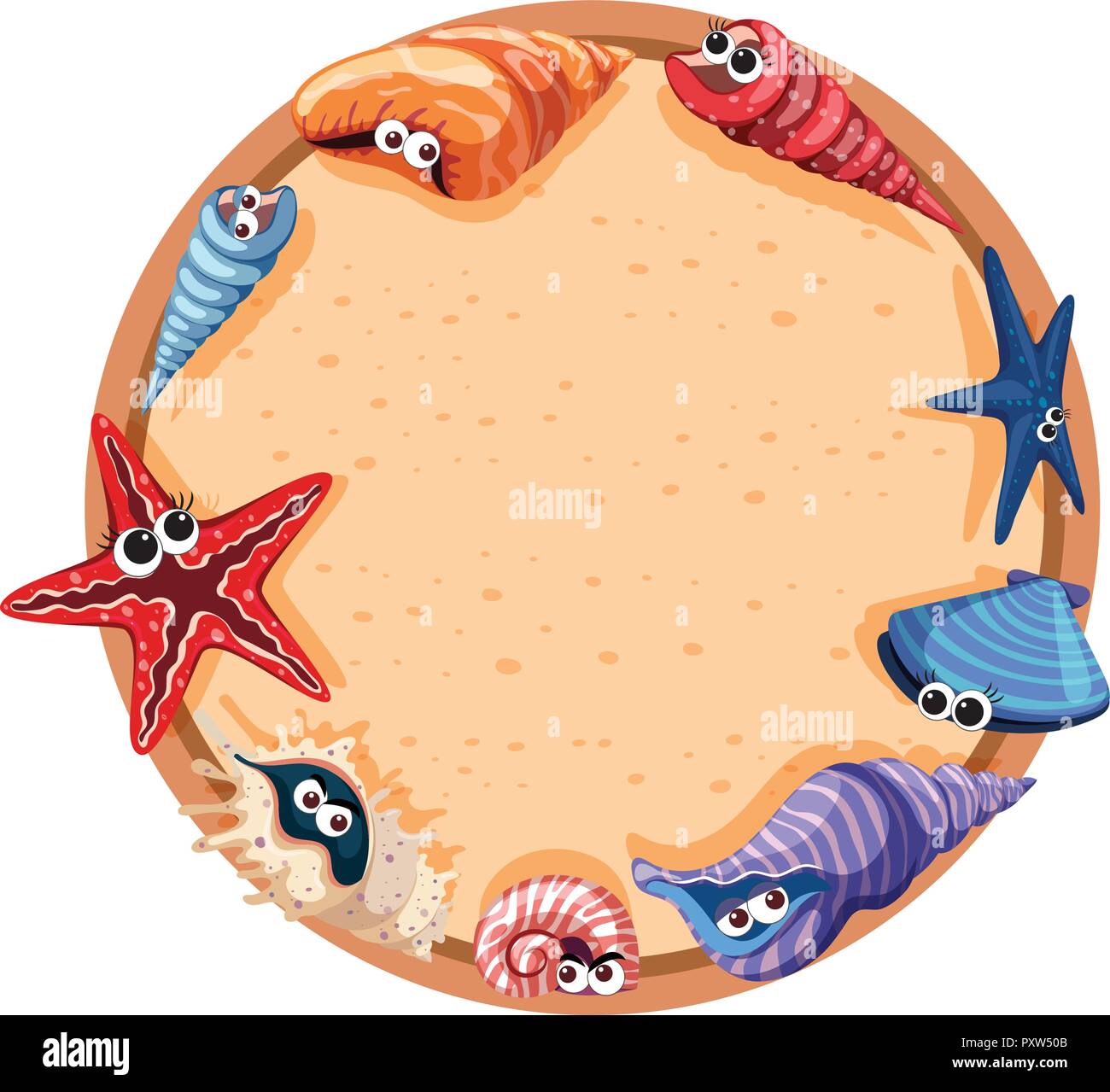 Round frame design with seashells and starfish illustration Stock ...