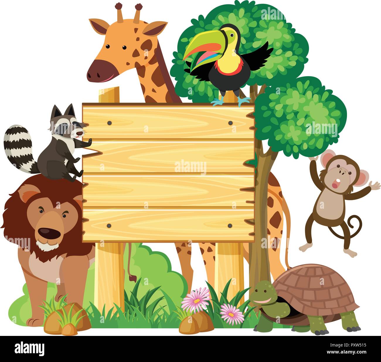 Wooden sign with cute animals in the park illustration Stock Vector ...