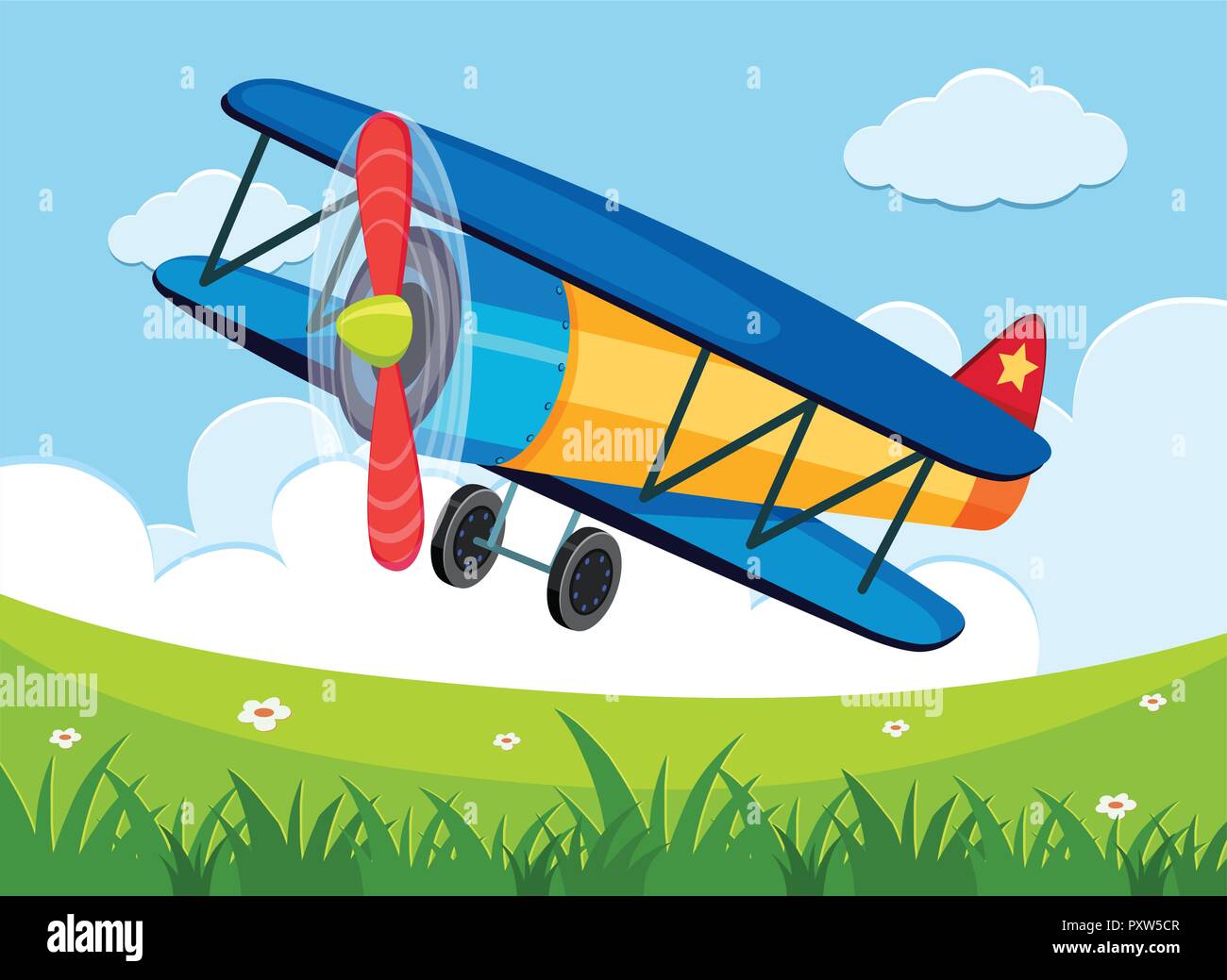 Airplane flying over the green field illustration Stock Vector