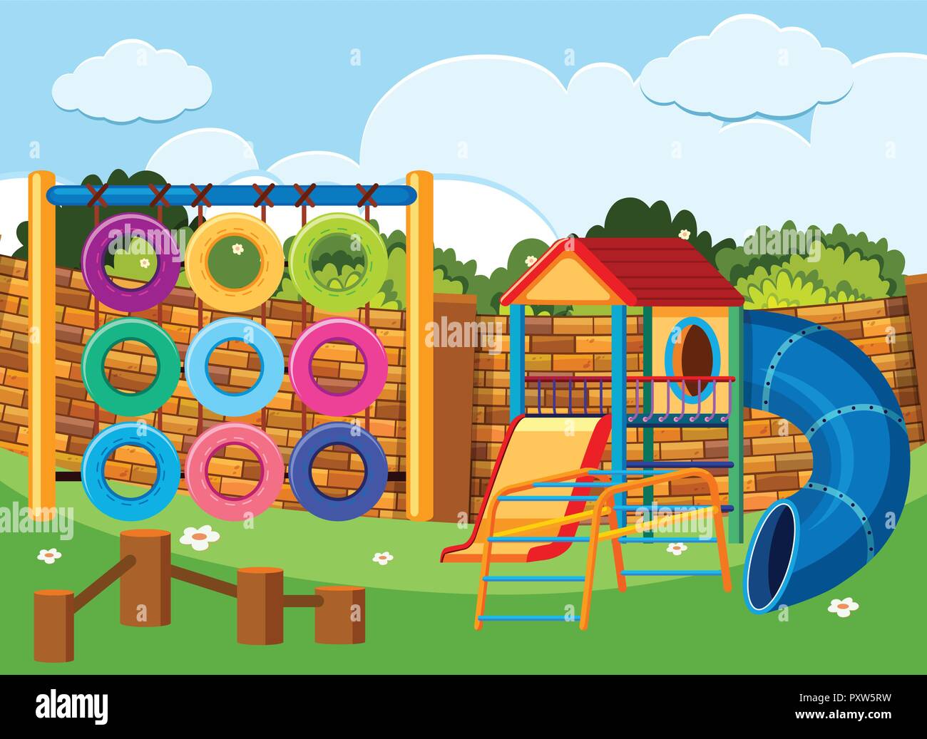 Playground scene with climbing station and slides illustration Stock Vector
