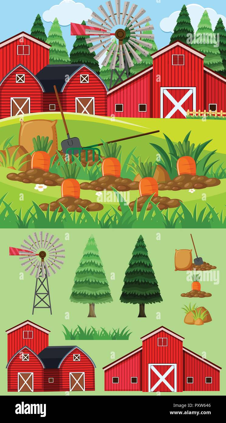 Farm scene with red barn and carrot garden illustration Stock Vector ...