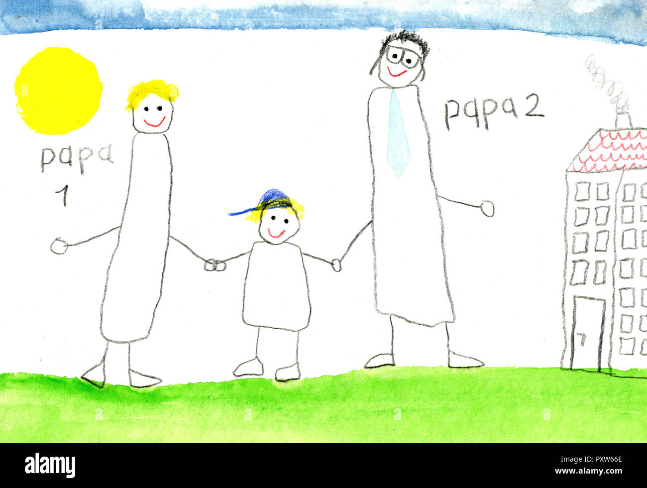 Children's drawing of gay couple with son Stock Photo