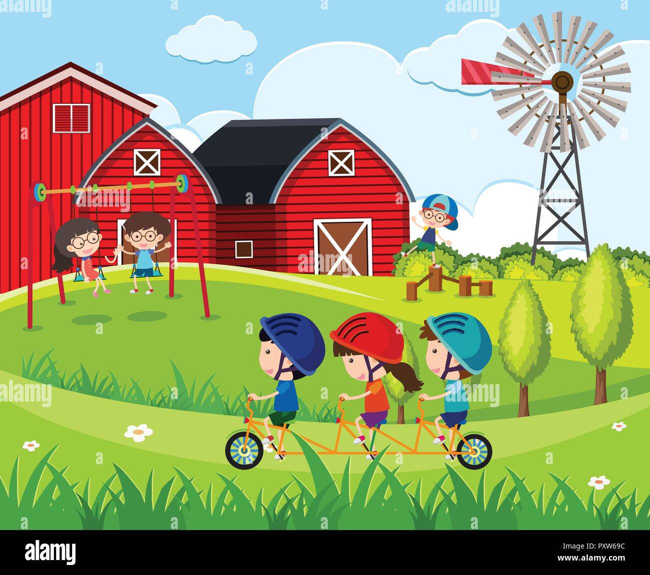Children playing swing and riding bicycle on the farm illustration ...