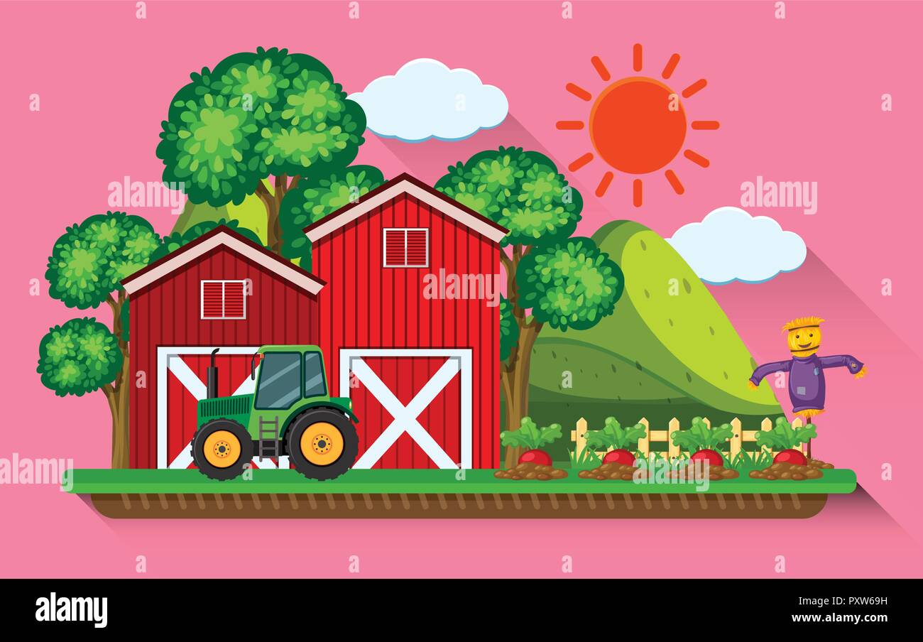 Red barns and tractor in the farmyard illustration Stock Vector Image ...