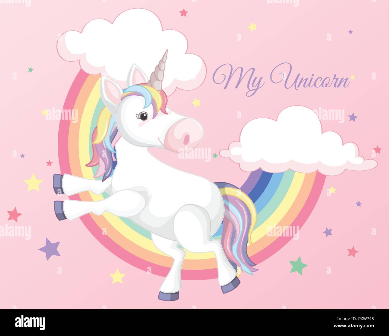 Unicorn with Rainbow on Pink Background illustration Stock Vector