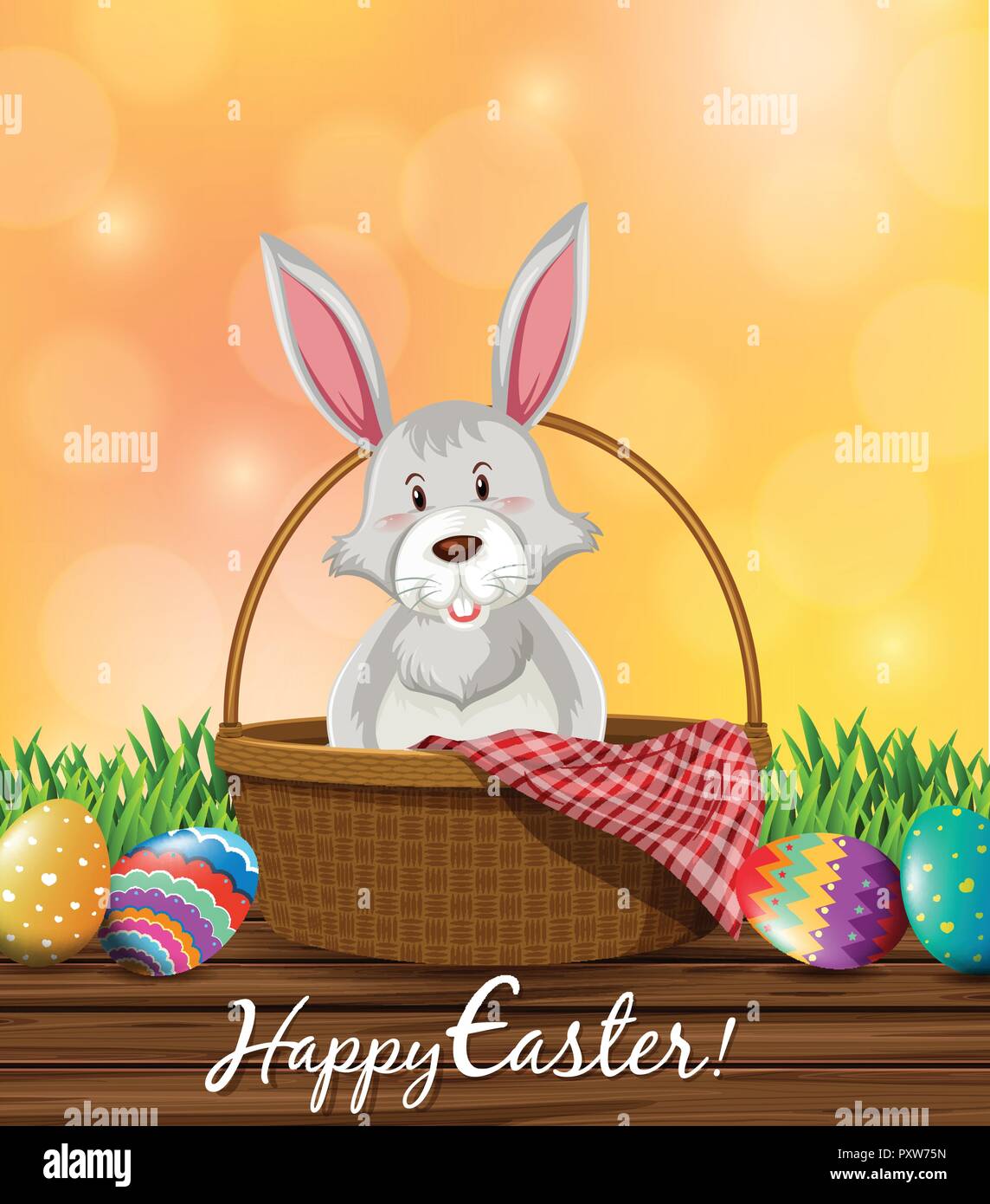 Gray bunny and decorated eggs for easter illustration Stock Vector