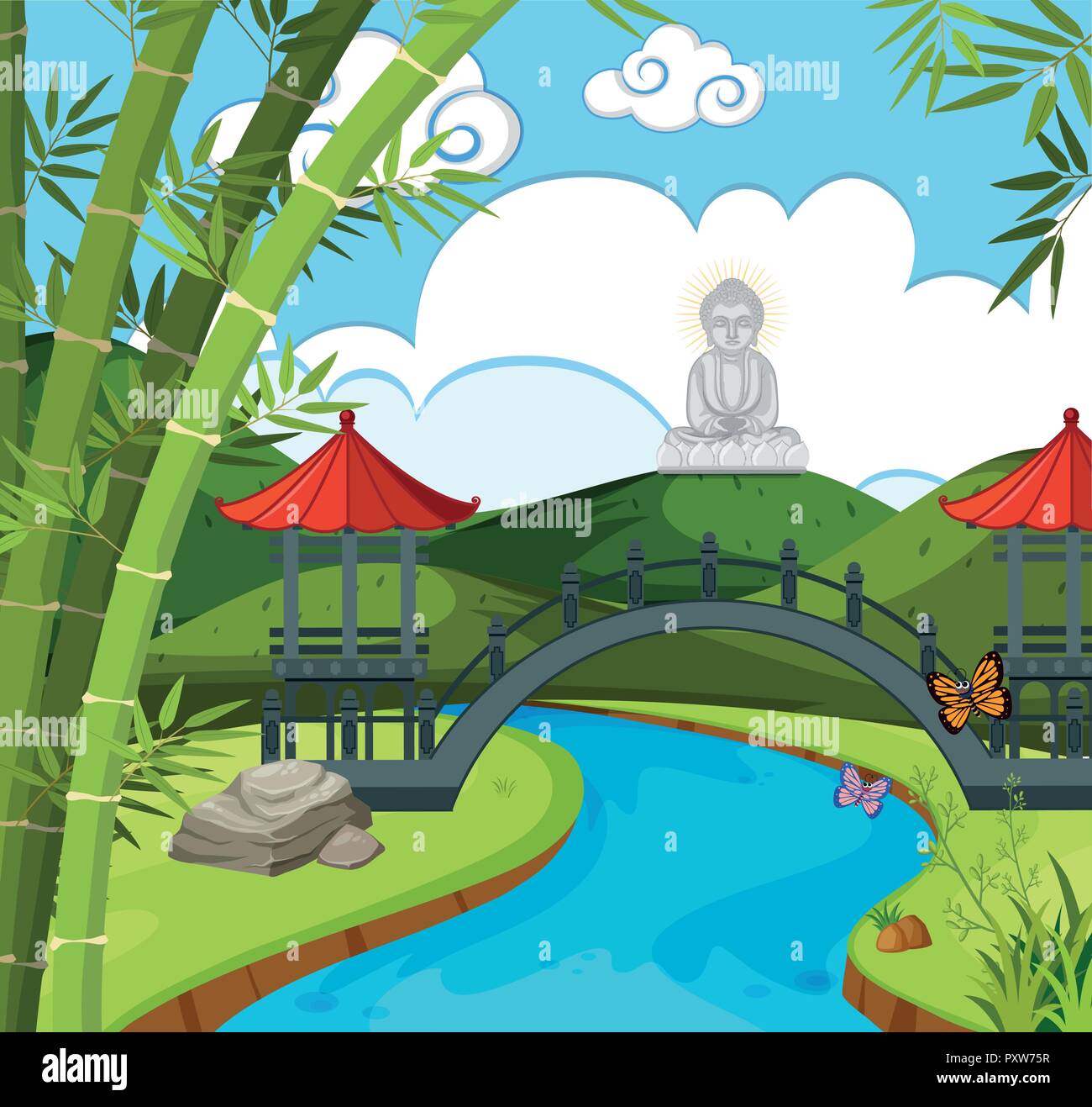 Chinese temple with river and Buddha figure illustration Stock Vector