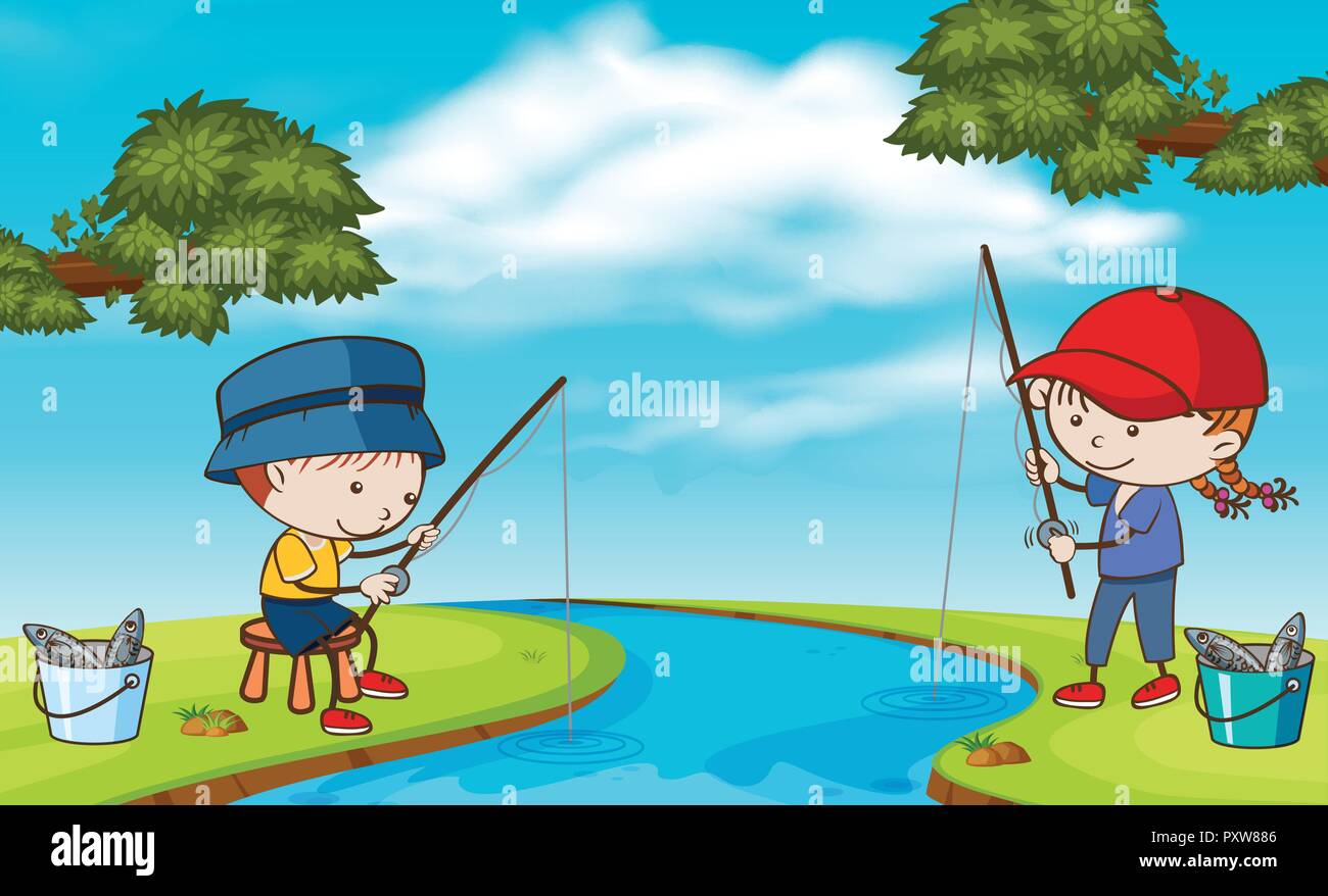 Doodle Kids Fishing at River illustration Stock Vector Image & Art