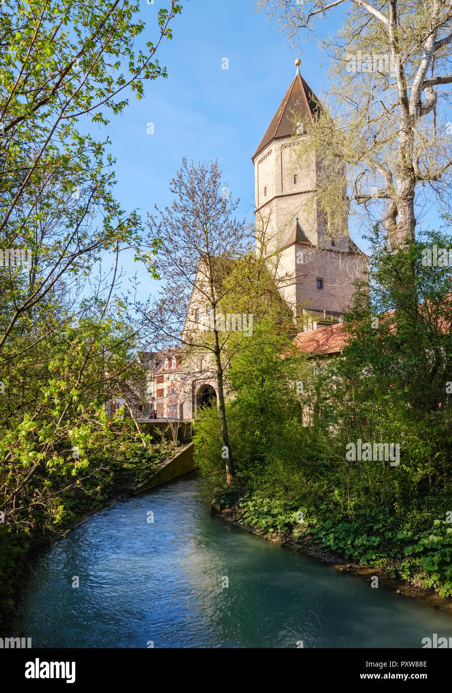 Germany, Bavaria, Augsburg, Jakobervorstadt, city moat, Jakobertor gate Stock Photo