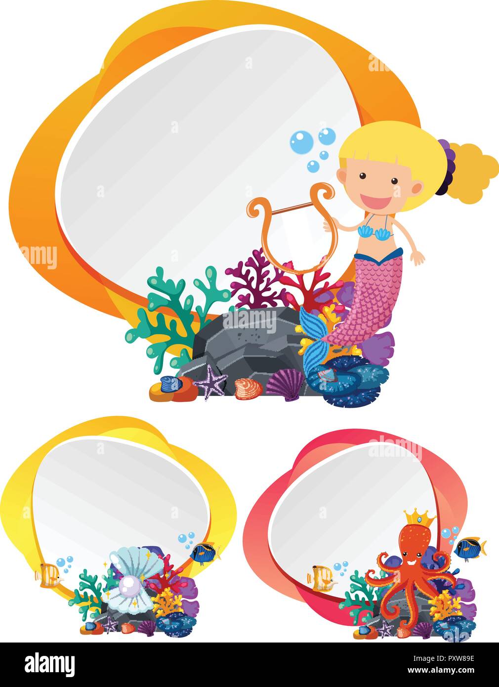 Three Border Templates With Mermaid Underwater Illustration Stock